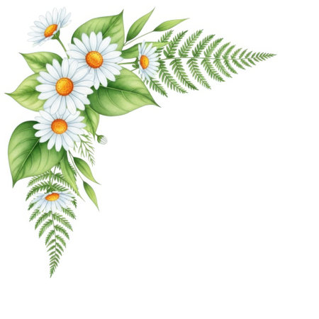 A delicate corner arrangement featuring white daisies and lush green fern fronds, perfect for adding a touch of natural beauty to designs on White background.の素材