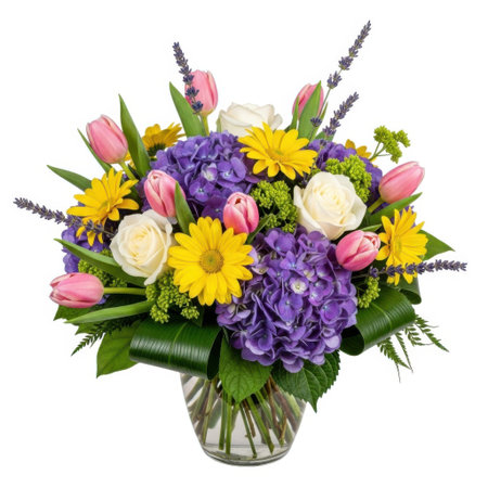 A colorful and vibrant floral arrangement featuring various flowers and greenery, presented in a clear glass vase, perfect for indoor decoration or as a gift.の素材