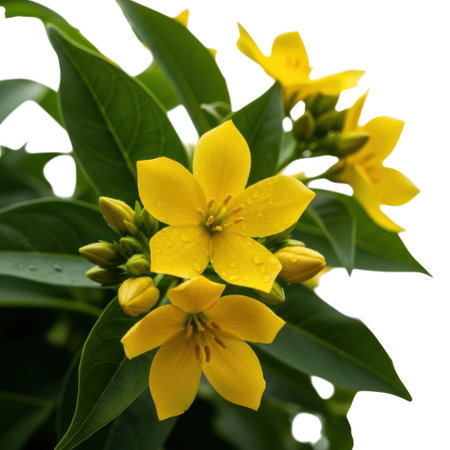 Close-up of bright yellow star-shaped flowers and green leaves, showcasing their delicate beauty and natural form. Perfect for botanical themes.の素材