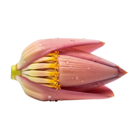 A single banana flower, showcasing its intricate petals and yellow stamens, presented in a clean studio shot. This image highlights the raw, natural beauty of this tropical ingredient.の素材