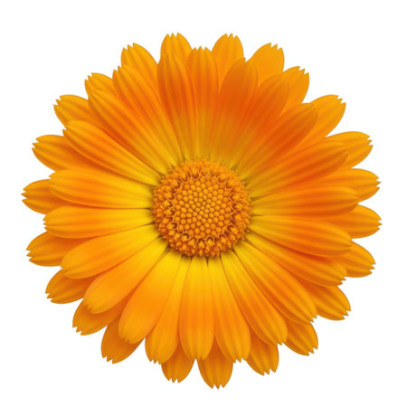 A single, vibrant orange marigold flower is presented isolated, showcasing its intricate petals and central disk. This image is perfect for highlighting natural beauty and botanical elements.の素材