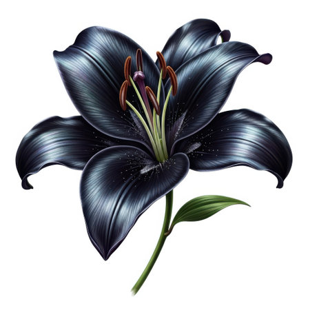 A detailed illustration of a dark, elegant black lily flower with vibrant green leaves and stem, presented in isolation, highlighting its natural beauty and form.の素材