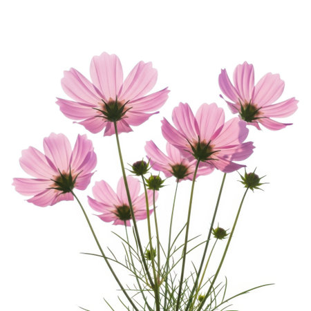 Close-up view of delicate pink cosmos flowers with translucent petals, showcasing their intricate structure against a stark, isolated backdrop, perfect for natural aesthetics.の素材