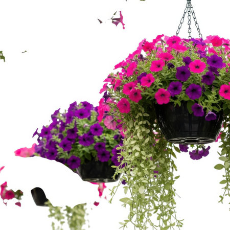 Vibrant hanging flower baskets overflow with colorful blooms, showcasing nature's beauty in a lush, outdoor setting without any people present.の素材