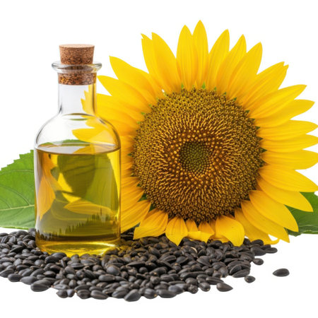 A still life composition featuring a glass bottle filled with golden sunflower oil, surrounded by dark sunflower seeds, with a vibrant sunflower bloom and green leaves behind. Isolated on a plain backdrop.の素材