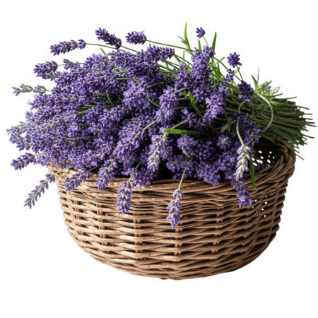 A rustic wicker basket filled with abundant, vibrant purple lavender flowers, showcasing their natural beauty and fragrant essence, set against a clean, bright backdrop.の素材