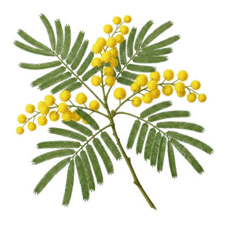 A close-up studio shot of a vibrant mimosa flowering branch, showcasing delicate yellow pom-poms and feathery green leaves against a pure, isolated backdrop.の素材