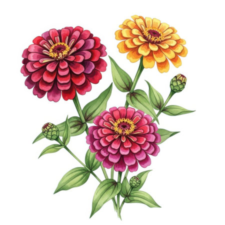 A watercolor illustration of three vibrant zinnias in various shades of red and yellow, showcasing their layered petals and green foliage against a clean backdrop. Perfect for decorative use.の素材