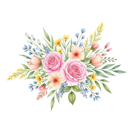 A delicate watercolor painting of a lush floral arrangement featuring soft pink roses, delicate buds, and greenery, perfect for creating a natural and elegant feel.の素材