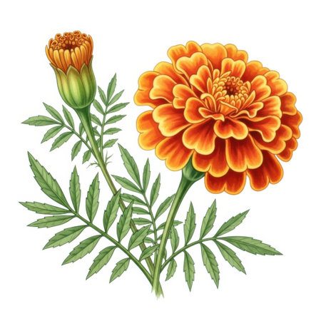 A detailed illustration showcases a vibrant orange marigold flower in full bloom alongside its unopened bud, set against a clean, isolated background. This botanical art highlights nature's beauty.の素材
