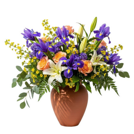 A vibrant and lush floral arrangement featuring a variety of colorful blooms and greenery, artfully displayed in a rustic vase, perfect for any indoor or outdoor setting.の素材