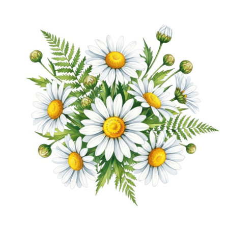 A vibrant watercolor illustration showcases a cluster of white daisies interspersed with lush green fern leaves and buds, set against a clean, isolated backdrop for versatile use.の素材