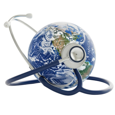A stethoscope encircles a detailed Earth globe, symbolizing global health, medical attention, and healthcare awareness, isolated on a white background.の素材