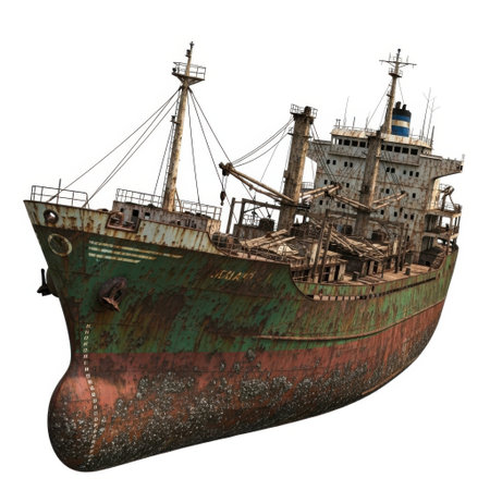 A detailed view of a large, old, and weathered cargo ship with visible rust and wear, isolated on a clean white background.の素材