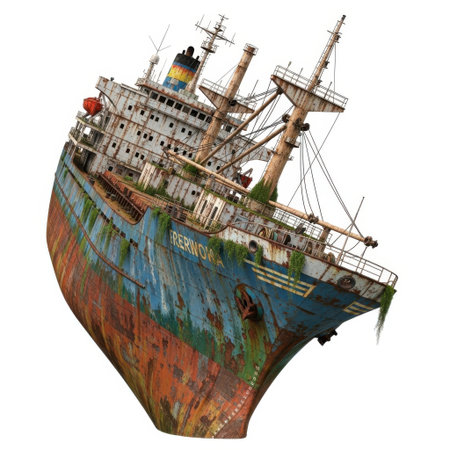 A detailed illustration of a derelict shipwreck, showing signs of decay and rust, presented isolated on a white background.の素材