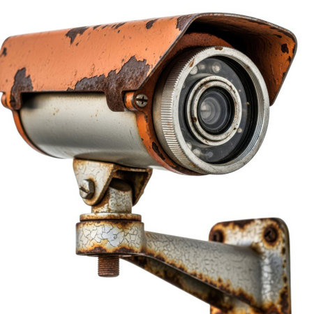 A detailed view of an old, orange, and rusty surveillance camera mounted on a metal bracket, isolated on a white background.の素材