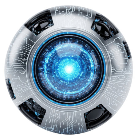 A detailed view of a circular, futuristic robotic eye with a bright blue glowing center, isolated on a white background.の素材
