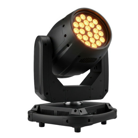 A single black moving head stage lighting fixture with numerous bright yellow LED lights, isolated on a clean white background.の素材