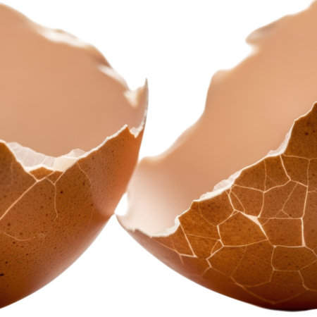Close up of two broken brown eggshell halves revealing their detailed inner surface and texture, isolated on a white background.の素材