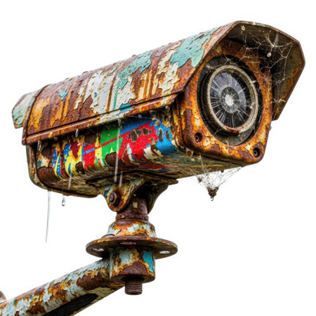 A close-up shot of a security camera covered in colorful graffiti, isolated on a clean white background.の素材