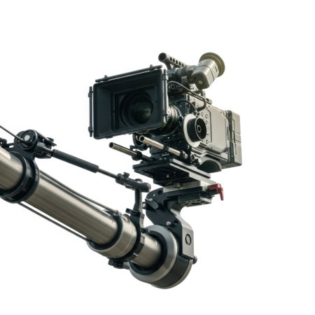 A professional broadcast camera is mounted on a crane arm, isolated on a clean white background.の素材
