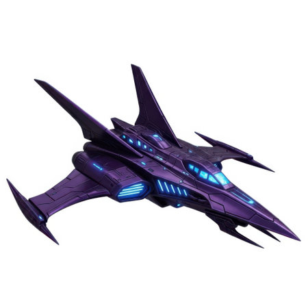 A detailed illustration of a menacing purple alien spaceship with sharp, angular design and illuminated blue cockpit, isolated on a white background.の素材