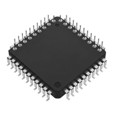 This is a close-up view of a black square integrated circuit chip with numerous silver pins, isolated on a white background.の素材