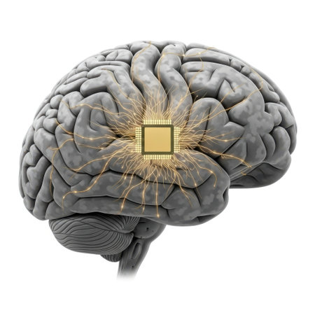A detailed illustration of a human brain with a glowing microchip integrated into its structure, isolated on a white background.の素材