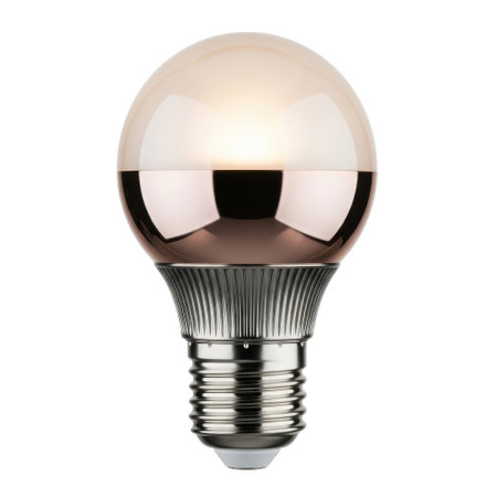 A single, modern mirrored globe light bulb with a silver metallic screw base, isolated on a clean white background.の素材