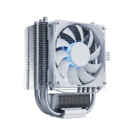 A modern computer CPU cooler fan with a large heatsink and illuminated fan is presented isolated on a white background.の素材