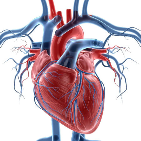 A realistic 3D rendering of a human heart showcasing its intricate network of arteries and veins, isolated on a plain white background.の素材