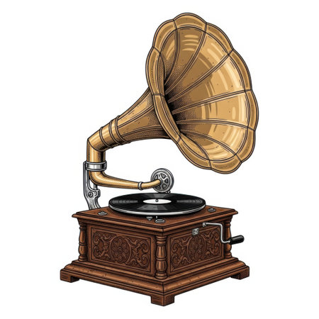 A detailed illustration of an antique Edison phonograph gramophone with a large brass horn and intricate wooden base, isolated on a clean white background.の素材