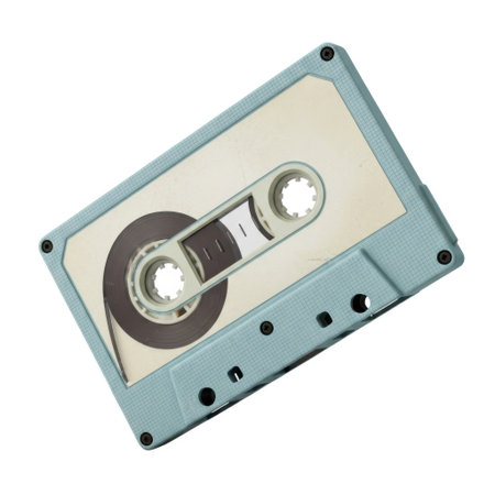 A single, old-fashioned light blue audio cassette tape is presented clearly isolated on a plain white background.の素材
