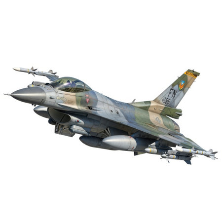 A detailed view of a military fighter jet with a camouflage paint scheme, presented isolated on a white background.の素材