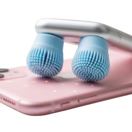 Close-up of two small blue silicone facial cleansing brushes placed on a pink smartphone, isolated on a white background.の素材