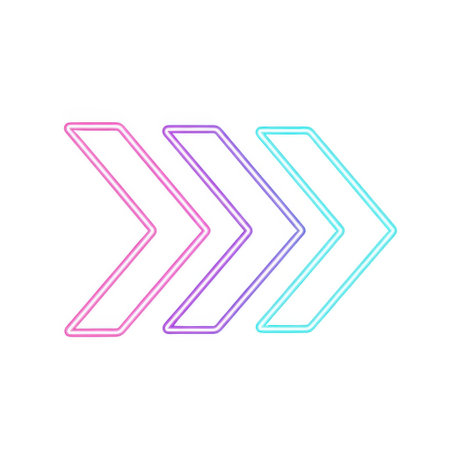 A set of three chevron arrows in a progressive color gradient, isolated on a clean white background.の素材