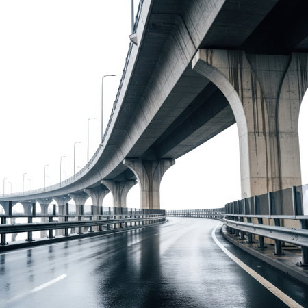 A perspective view of a modern concrete overpass with a wet road surface reflecting the sky, isolated on a white background.の素材
