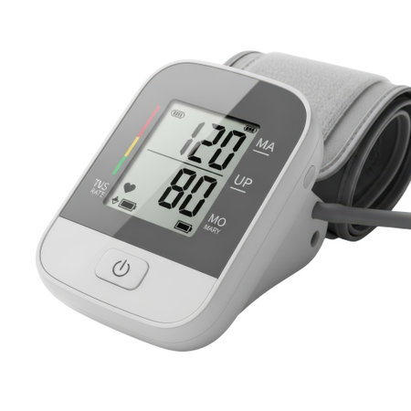 A digital blood pressure monitor with cuff and display showing readings, isolated on a clean white background.の素材