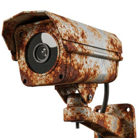 A heavily rusted surveillance security camera with a protective hood is shown isolated on a clean white background.の素材