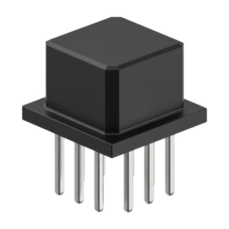 A small black electronic component with a cubic top and multiple silver metal pins, isolated on a white background.の素材