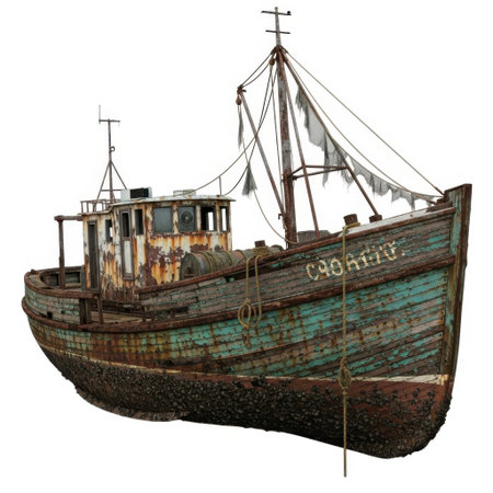 An old, dilapidated wooden fishing boat with peeling paint and worn rigging, isolated on a white background.の素材