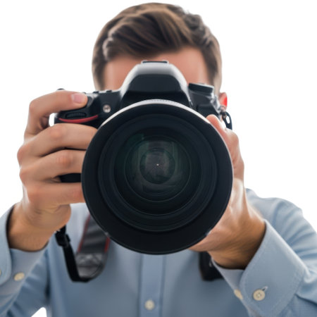 A person is holding a large camera in front of their face, focused on the viewer, isolated on a white background.の素材