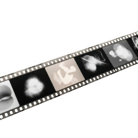 A close up of a film strip with several frames displaying abstract monochrome images, isolated on a white background.の素材