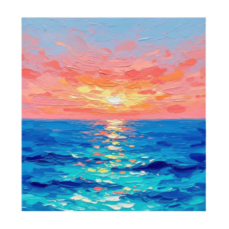 An impressionistic painting captures the warm glow of a sunset over the shimmering blue ocean, isolated on a white background.の素材