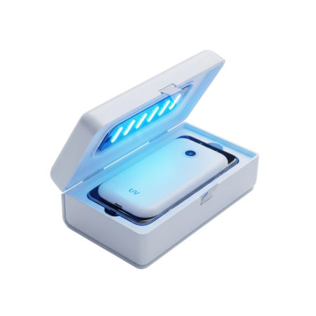 A small white UV sanitizer box with its lid open, revealing blue UV lights illuminating the inside, isolated on a white background.の素材