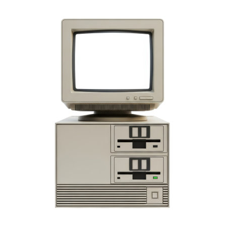 A retro beige computer tower with a CRT monitor and two floppy disk drives, all isolated on a white background.の素材
