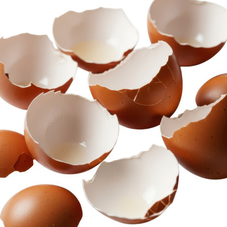 Several cracked brown eggshells are artfully arranged against a stark white background, showcasing their delicate texture and form.の素材