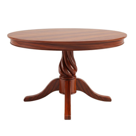 A single, elegant round wooden dining table with a detailed carved pedestal base is presented isolated on a clean white background.の素材