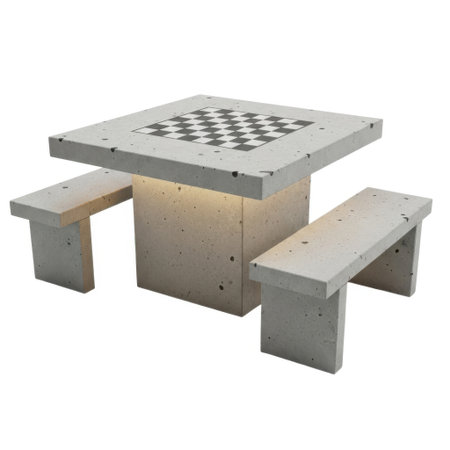 A light-colored wooden picnic table featuring a built-in chess board and two attached benches, presented isolated on a white background.の素材