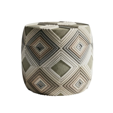 A textured, round pouf ottoman featuring a geometric diamond pattern in earthy tones, presented isolated on a clean white background.の素材